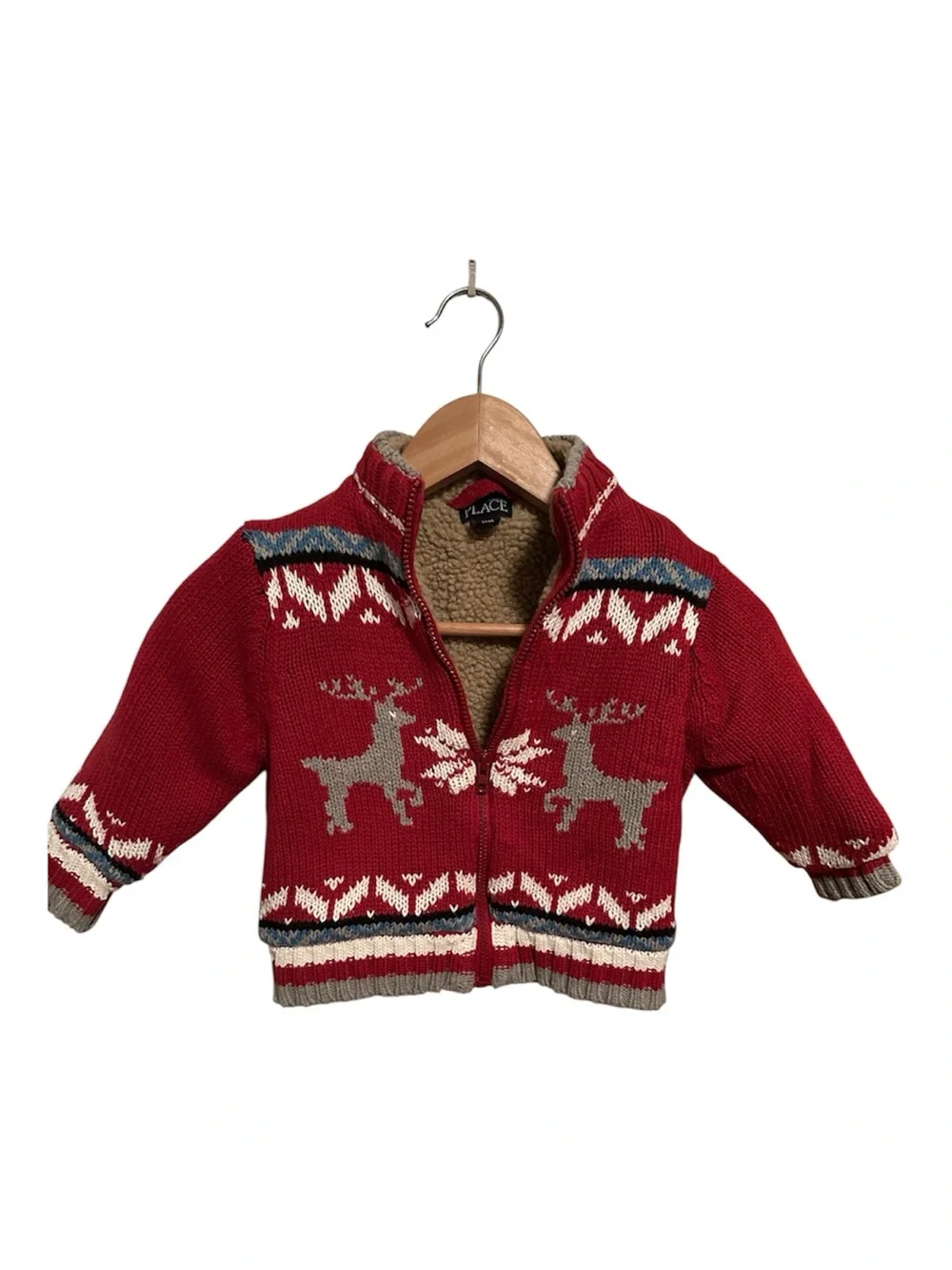 The Children's Place Red Reindeer Zip-Up Sweater-Size 3T